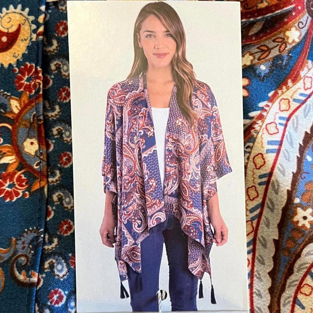 Simply Noelle Paisley Kimono Wrap Blue Red Cream Funky NWT OS Tassels